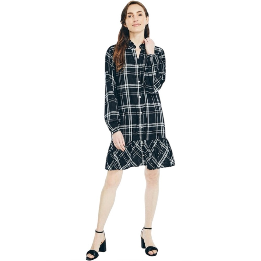 NAUTICA Black white metallic plaid print Ruffled collar Button down Shift dress